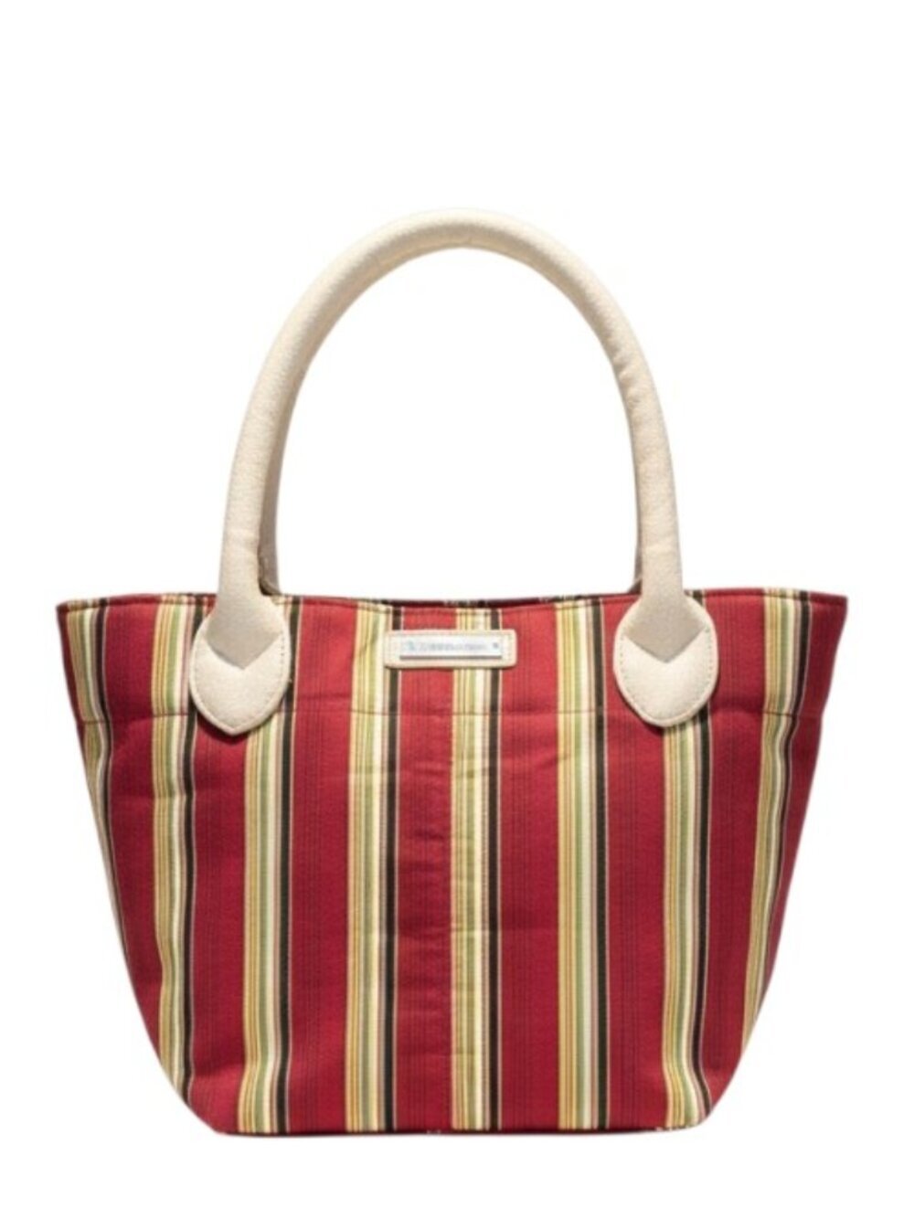 Longaberger Red Striped Tote with Cream Leather Handles